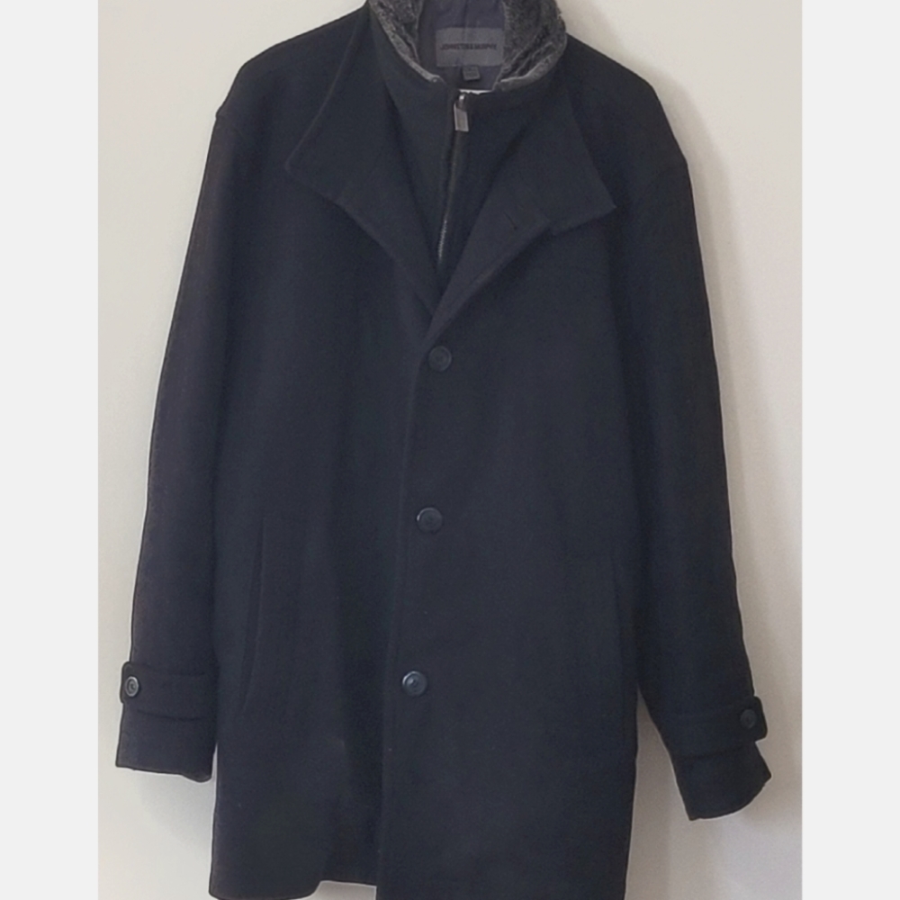 Johnston & Murphy Men's Black Wool Coat w/ Faux Fur Collar- Size Large